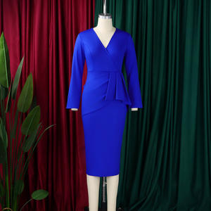 Ultimo Modello di Abito Casual Autunnale con Scollo a V, Maniche Lunghe e Arricciature, Elegante Vestito da Ufficio per <span class=keywords><strong>Donne</strong></span> Africane - Product Image 3