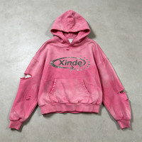 Sweat-shirt à capuche unisexe épais à double couche avec doublure en tricot gaufré rose personnalisé, effet délavé soleil et usé, lavage à l'acide pour homme