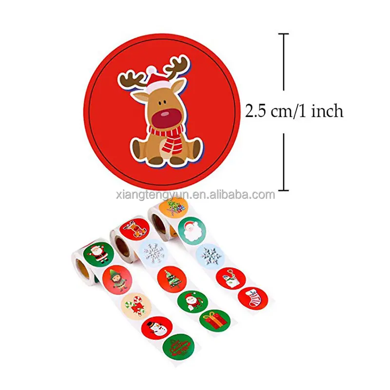 Rollo de pegatinas redondas con logotipo impreso personalizado, etiqueta de vinilo impermeable para Navidad, para caja de regalo