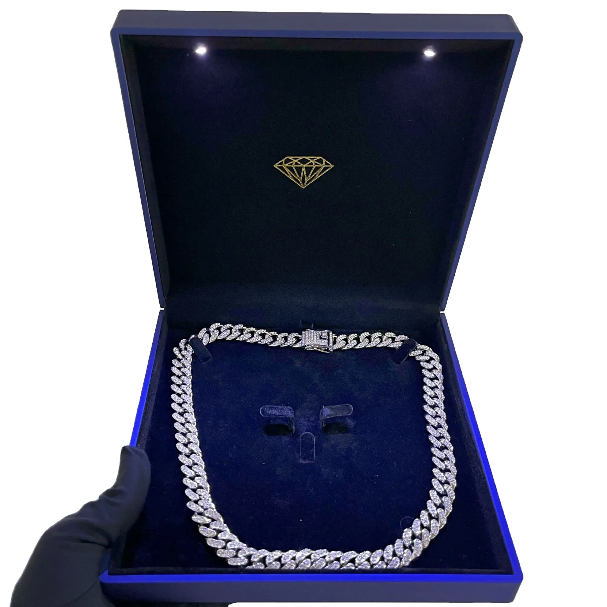 FORTE logotipo personalizado joyería Gran Collar pulsera caja de embalaje con iluminación azul negro plástico LED pendientes anillo joyero