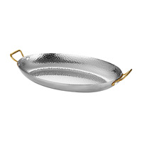 Plateau de service ovale en acier inoxydable 304 martelé, base en bois or rose, pour steak, restaurant, hôtel, traiteur, cuisine domestique