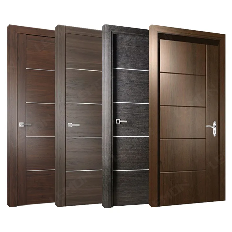 Puerta de dormitorio de madera maciza precolgada personalizada para hotel Puertas interiores modernas de madera de nogal con clasificación de fuego de 3 paneles