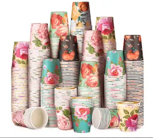 12oz PLA Disposable Biodegradable Recycled Materials Single Wall Coffee Paper Cup Flower Printing With Lid