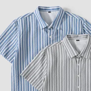100% 棉工厂定制标志按钮蓝色男式衬衫纯色尺码男式设计师泡泡条纹短袖衬衫