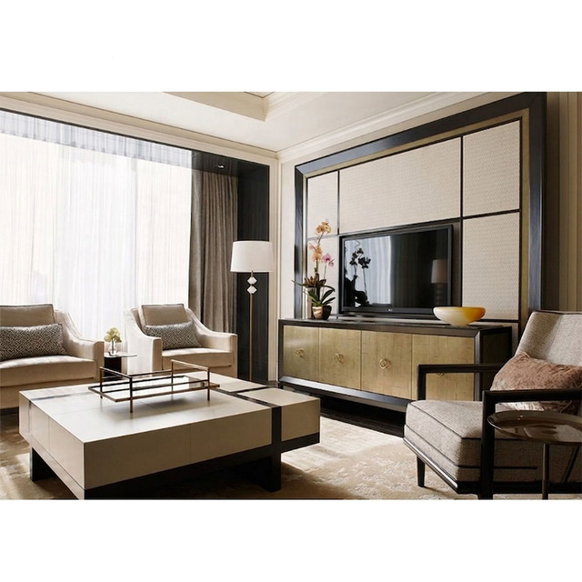 SHIYI Custom Modern 5 Star Hotel Bedroom Furniture Set Luxury Hospitality Guestroom Villa Wood TV Console Cabinet Armchair Set