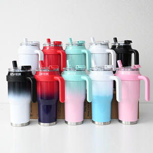 Gobelet isotherme réutilisable en acier inoxydable à double paroi de 40 oz avec poignée et paille, personnalisable avec logo, en stock - Product Image 2