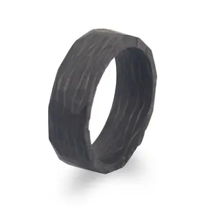 POYA Custom 8mm Black Handcrafted Forged Carbon Fiber Wedding Ring For Men Simple Dark Band