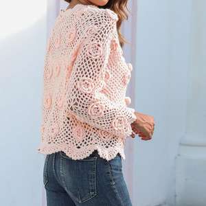 <span class=keywords><strong>Cardigan</strong></span> Lavorato all'Uncinetto da Donna per l'Inizio Primavera, Elegante e Aderente, Maglia Lunga Traforata, Maglione Casual Tinta Unita - Product Image 4