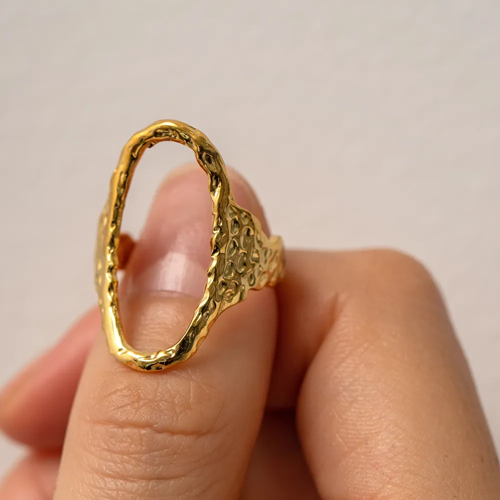 Cincin Perhiasan Stainless Steel lapis emas 18K, cincin terbuka palu Oval berongga geometris
