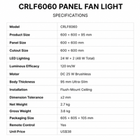 Ventilateur de plafond CRLF6060 600x600mm avec éclairage LED double 48W + ventilation, moteur DC sans balais 25W, montage encastré ultra-plat 95mm