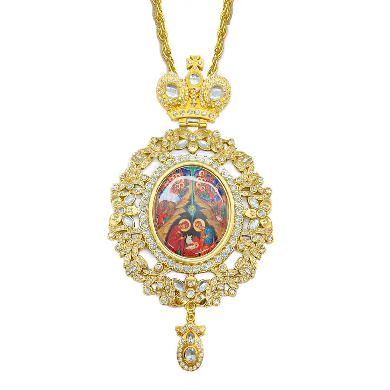 Ht Goud Legering Byzantijnse Jesus Icon Hanger Met Ketting Rond Russisch Orthodox Borstkruis Voor Priester Bisschop