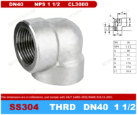 ASME B16.11 3000LB Geschmiedeter Hochdruck-Korrosionsbeständiger Edelstahl 304 Gewinde-90-Grad-Winkelverbinder DN40 NPS