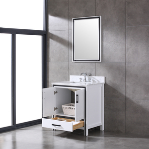 Industrial White Wooden <b>Freestanding</b> Bathroom Vanity <b>Unit</b>, Marble Top Wash Basin Cabinet with Framed Mirror for Home & Hotel - Product Image 2