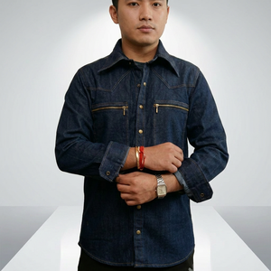 Men's Premium Dark Blue Denim Shirt With Dual Zip Pocket Full Sleeve Casual and Semi-Formal Wear Stylish Regular Fit Men'swear - Product Image 4
