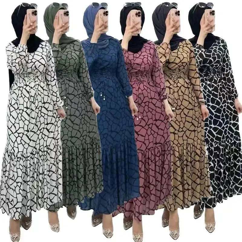 Elegant Muslim Robes Hot Sale Dress Middle East Dubai Check High Neck Tie Pleated Skirt Fashion Temperament Chiffon Dress