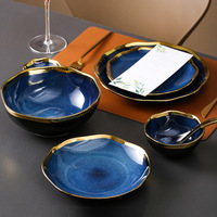 Service de table en céramique nordique bleu rétro, vaisselle de luxe avec bordure dorée, vaisselle émaillée au four, assiette à steak, bol à soupe