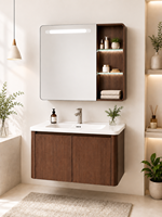 Set Perlengkapan Kamar Mandi F812 dengan Kabinet Cermin Sensor Pintar, Finishing Walnut, Panel Sarang Lebah Aluminium