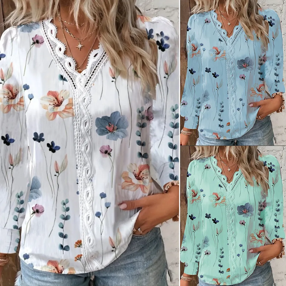 Custom Design Zomerkleding Dames Lange Mouwen Kanten Patchwork Bloemenprint Shirt Dames Blouse Elegante Vrouw Tops