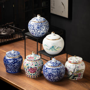 MSH Retro pintado a mano azul y blanco tarro de té de cerámica 1000ml para grano de café/hoja de té suelta - Product Image 1