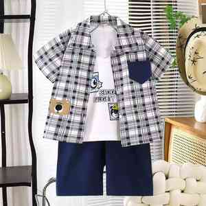 Set di tre pezzi - Nuove camicie a quadri estive a maniche corte all'ingrosso per ragazzi, adolescenti casual e set di abbigliamento per neonati - Product Image 3