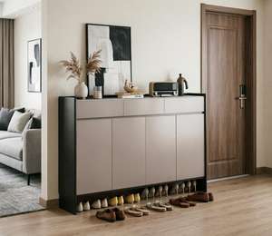 Meuble à chaussures moderne et mince, écologique et durable, avec rangement inférieur ouvert, organisateur <span class=keywords><strong>d</strong></span>'entrée à 3 portes, finition beige et noir, gain de place, pour salle de sport - Product Image 4