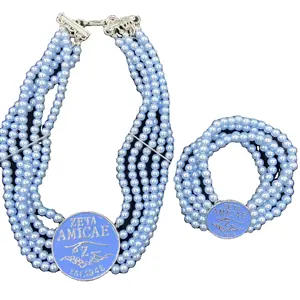 Multi Layer Sorority Light Blue Beaded Large Size Zeta Amicae Enamel Round Pendant Crest Pearl Necklace Bracelets Sets