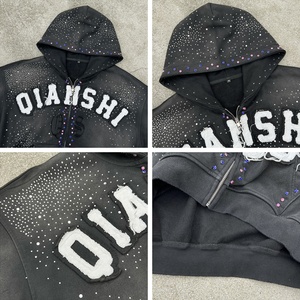 Premium French Terry Acid Wash Zip Hoodie Cotton Applique Embroidery Cropped Hoodies Custom Rhinestone Zip up Unisex Hoodie - Product Image 4