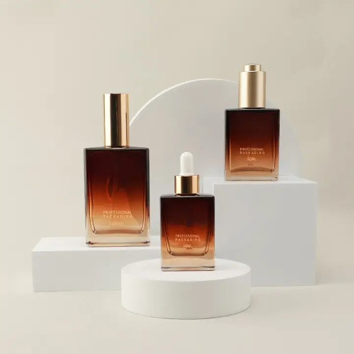 Frasco conta-gotas de vidro para cuidados com os cabelos, frasco de óleo essencial, frasco de perfume quadrado plano de 30 ml/50 ml/100 ml