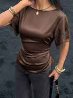 Haut en satin brillant de luxe pour femme, avec dentelle, manches courtes, dos croisé à lacets, taille froncée, T-shirt court pour le quotidien