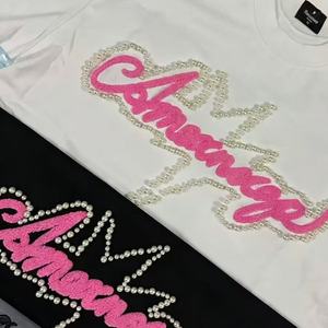 เสื้อยืดผู้หญิงลายมุกและตัวอักษรเชนิลล์ "Amour" พิมพ์ลายดาว แขนสั้น ผ้าฝ้าย สไตล์ลำลอง สตรีทแวร์ - Product Image 5