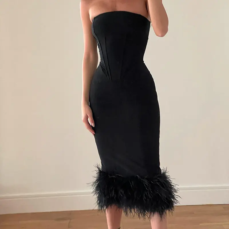 GX22203 Summer Women Clothing Boutique Bodycon Sexy Strapless Dress Vestidos Elegant Party Feather Tube Long Dress