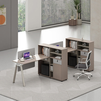 Bureau de travail modulaire pour 2 personnes avec plateau en bois grainé, armoire latérale haute, tiroir verrouillable, compartiment pour ordinateur, pieds en métal en forme de A