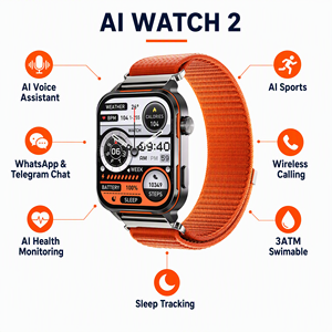 Montre connectée sportive AMOLED, appels WhatsApp et Telegram, traduction IA, 3ATM, moniteur de santé, fréquence cardiaque, suivi du sommeil, batterie 14 jours - Product Image 1