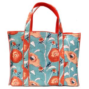 กระเป๋าโท้ททรงกรอบลายดอกไม้สีเขียวอมฟ้าแบบอินเดียพิมพ์ลายด้วยมือจากผ้าฝ้ายควิลท์ รุ่น BAGQTB ลายดอกไม้สีเขียวอมฟ้า Gud - Product Image 1