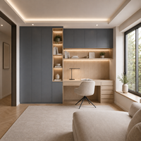 Armoires de bureau bleu-gris et chêne clair avec bureau, tiroirs et rangements ouverts