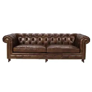 Sofa antik gaya Chesterfield berkancing sofa kulit asli perabotan sofa mewah 2 tempat duduk ruang tamu