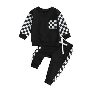 ボーイズチェック柄スプライススウェットシャツスウェットパンツ2点セットキッズファッション衣装秋と冬用 - Product Image 4
