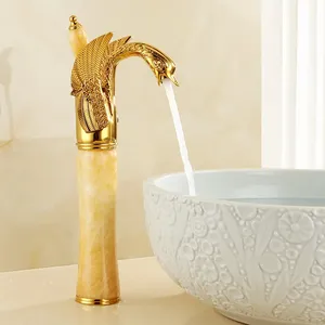 Grifo Mezclador Monomando de Lujo para Lavabo de Baño, Latón con Núcleo Cerámico, Diseño Moderno Jade, Agua Fría y Caliente, Dorado, LXL240413 - Product Image 1