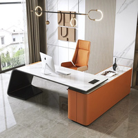 Bureau d'angle convertible moderne blanc en forme de L avec tiroirs, table d'ordinateur exécutive en acier inoxydable pour le télétravail