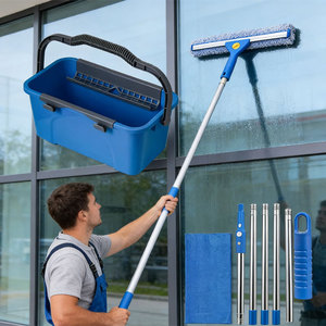 Kit professionnel de nettoyage de vitres en plastique <span class=keywords><strong>avec</strong></span> <span class=keywords><strong>seau</strong></span>, perche télescopique, brosse et raclette – Écologique et durable pour usage domestique et commercial - Product Image 4