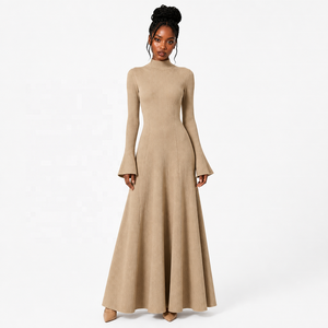 Abito <span class=keywords><strong>Lungo</strong></span> da Donna in Maglia Aderente Autunnale con Collo Alto, <span class=keywords><strong>Maniche</strong></span> Lunghe a Campana, Linea ad A e Vita Stretta - ODM Ingrosso - Product Image 4