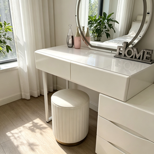 Tocador de maquillaje minimalista moderno con espejo ovalado iluminado y cajones de almacenamiento, mesa de tocador para dormitorio con taburete. - Product Image 3