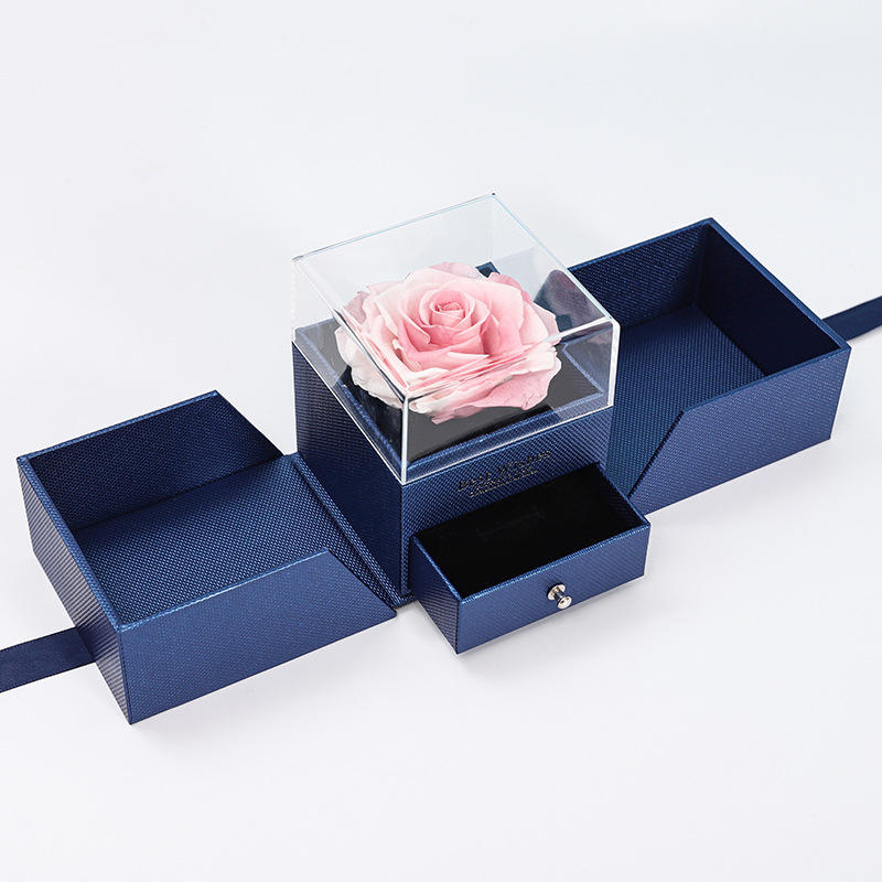 กล่องอะคริลิคเปิดสองด้าน สีฟ้า ลายดอกไม้ไล่เฉดสีชมพู