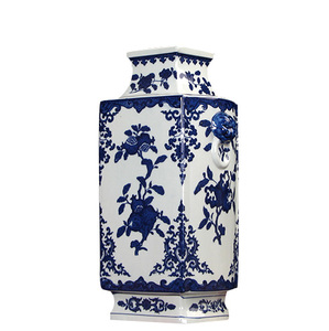 Di alta qualità cinese antico blu e bianco porcellana quadrato vaso di pesca doppio orecchio testa di leone per la decorazione della casa - Product Image 5