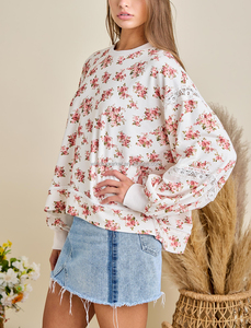 Sweat-shirt pour femme en gros, pull à col rond, imprimé floral vintage, avec insert en dentelle, manches bouffantes - Product Image 2