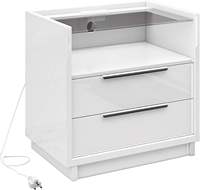 AMERLIFE Ensemble de 2 tables de chevet contemporaines pour chambre à coucher, 23,6 pouces, avec plateau en bois, station de charge, finition blanc brillant