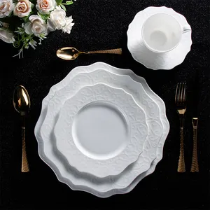 Royal Ware Embossed Rim Flower Shape Porcelain White Bone China Catering Dish Soup Plate Set Restaurant Ceramic Dinner Plate Set