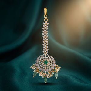 Tikka de mariage pour femme en zircon motif floral, plaqué or rhodié, pierre verte polie, 186522, bijou de collection culturelle - Product Image 2
