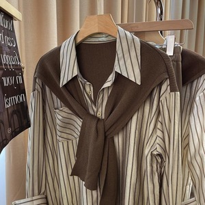 Conjunto de Dos Piezas de Camisa y Chal de Estilo Francés para Mujer, Manga Larga, Primavera y Otoño, Camisa Holgada a Rayas con Botones - Product Image 4