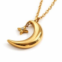 Collier Pendentif Lune et Étoile Prêt à Expédier en Gros, Accessoire de Mode, Bijoux en Acier Inoxydable Plaqué Or 18K